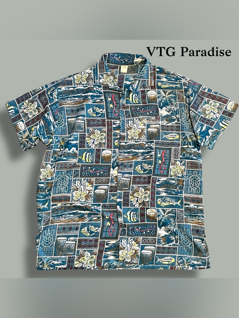 Vintage Paradise Grand Cayman Hawaiian Shirt Sea Turtles Fish Tiki Mosaic